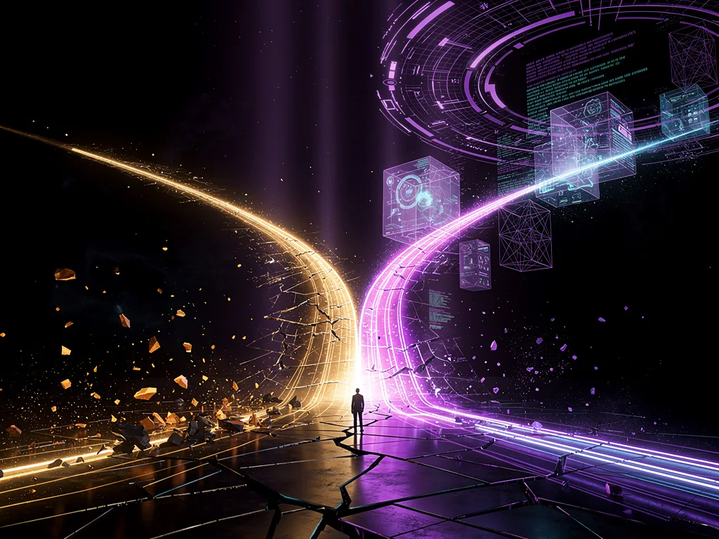 Diverging career paths showing traditional congested job market versus open AI career highway
